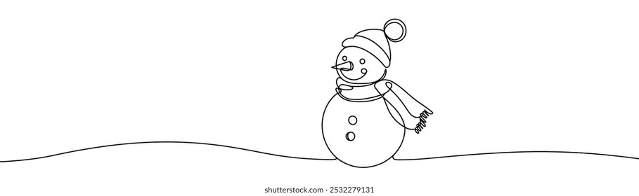 Single drawing with a continuous line on a white background. Cute snowman in a hat and scarf