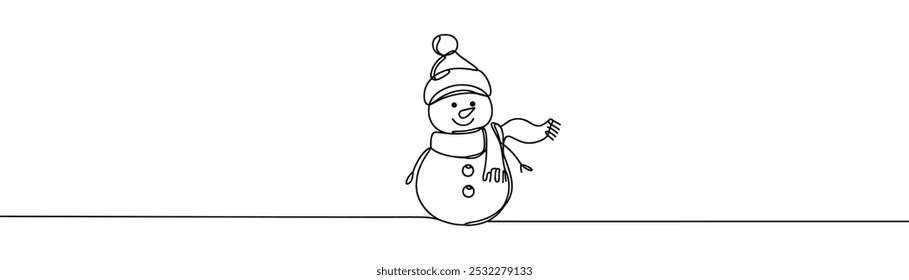 Desenho único com uma linha contínua sobre um fundo branco. Bonito boneco de neve em um chapéu e cachecol