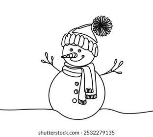 Single drawing with a continuous line on a white background. Cute snowman in a hat and scarf