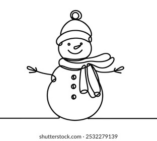 Single drawing with a continuous line on a white background. Cute snowman in a hat and scarf