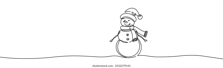 Single drawing with a continuous line on a white background. Cute snowman in a hat and scarf