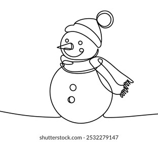 Single drawing with a continuous line on a white background. Cute snowman in a hat and scarf