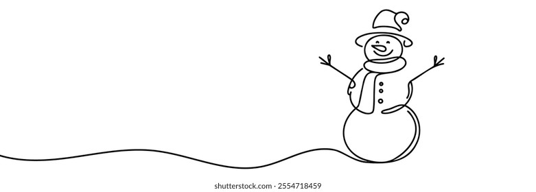 Single drawing with a continuous line on a white background. Cute snowman in a hat