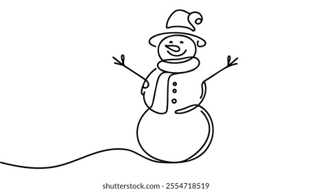 Single drawing with a continuous line on a white background. Cute snowman in a hat