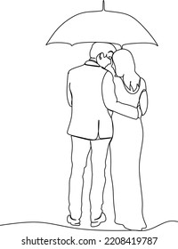 Сontinuous single drawn one line in love couple under umbrella hand-drawn picture silhouette. Line art. character couple in love