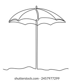 Сontinuous single drawn one line umbrella for beach hand-drawn picture silhouette. Sunshade equipment. Summertime relax on coast of sea. Line art vector. Sun protection umbrella