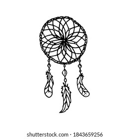 Single dreamcatcher icon.  Сoncept cozy home, hygge. Hand drawn vector illustration in doodle style outline drawing isolated on white background.