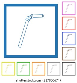 Single drinking straw outline flat color icons in square frames on white background