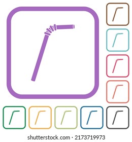 Single drinking straw solid simple icons in color rounded square frames on white background