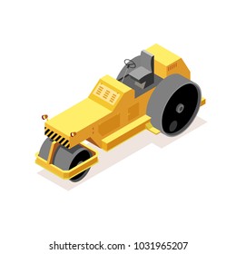 A single drum yellow road roller in isometric projection. Isolated on a white background. Concept for cover, poster and sticker.