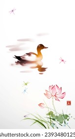 Single duck gliding near a blooming lotus and hovering dragonflies. Traditional Japanese ink wash painting sumi-e. Translation of hieroglyph - beauty.