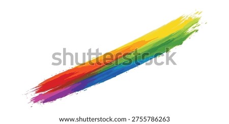 A single, dynamic brush stroke displaying the colors of the rainbow, from purple to yellow, against a clean white backdrop.