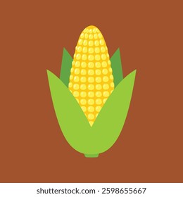 A single ear of corn, yellow kernels, green husk, brown background