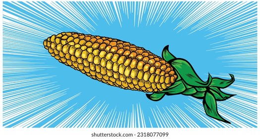 Single ear of sweet golden corn. Comic book style vector, retro, vintage illustration. Package design element. 