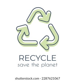 Single ecological icon in minimalist style Green Recycle Sign on a white background with text