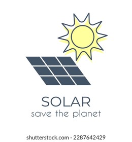 Single ecological icon Solar battery and Sun in minimalist style  on a white background with text