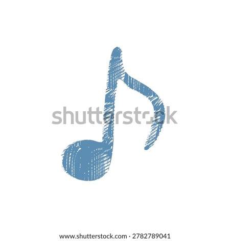Single eighth note music symbol vector in naive crayon sketch style, minimal abstract silhouette with linocut rustic texture, isolated on white background