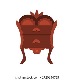 A single elegant antique night table, with carved legs, isolated on a white background. Retro chest of drawers in a flat style. Vector hand drawn vintage furniture.