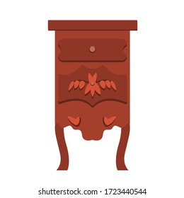 A single elegant antique night table, isolated on a white background. Retro chest of drawers in a flat style. Vector hand drawn vintage furniture.