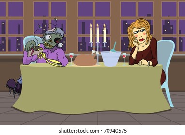 Single elegant blonde girl angry at poor zombie boyfriend in candle light dinner