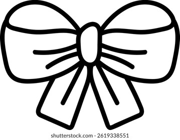 A single elegant bow is depicted in a bold black line drawing style.  This pretty ribbon knot is shown tied neatly with sharp contours. Cartoon vector illustration