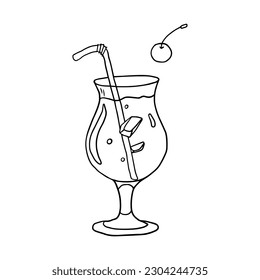 Single element of the alcoholic or non-alcoholic summer drink with cherry and straw isolated on white background. Great for bar menu, design, packaging. Vector illustration EPS10 in doodle style