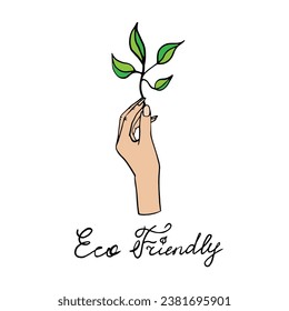 Single element of branch with leaves in hand in ecology clipart set. Recycle, save the planet, eco-friendly, organic, plastic-free, eco-friendly, zero waste concept, reduce, reuse, green lifestyle