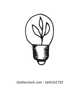 Single element of bulb idea with leaves in doodle ecology set. Hand drawn vector illustration about environment problems. Sketch elements set for graphic and web design.