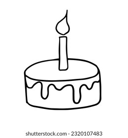 Single element of cake with candle in doodle style. Great for banners, menu design, party, birthday, children's holiday, greeting card or advertising. Isolated on white background