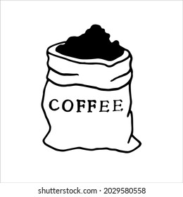 Single element coffee beans in a bag in doodle style. Doodle vector illustration for cafe, coffee shop, kitchen. Cute element for stickers and seasonal design. Isolated on white background