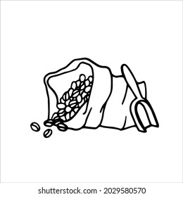 Single element coffee beans in a bag in doodle style. Doodle vector illustration for cafe, coffee shop, kitchen. Cute element for stickers and seasonal design. Isolated on white background