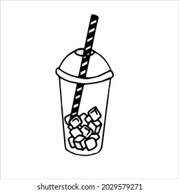 Café de un solo elemento para ir con cubos de hielo en estilo doodle. Ilustración vectorial Doodle para café, cafetería, cocina. Elemento lindo para pegatinas y diseño estacional. Aislado sobre fondo blanco