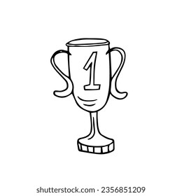 Single element of cup in doodle style. First place, trophy, victory, achievment, award, winner. Hand drawn vector illustration for posters, stickers. School element, business element