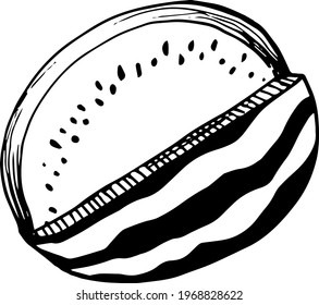 Single element of cut watermelon in doodle summer set. Hand drawn vector illustration for greeting cards, posters, stickers and seasonal design.