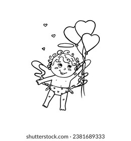 Single element of cute cupid with angel wing and heart shaped balloons Great for Valentine's Day cards, posters, packaging and design. Hand drawn.