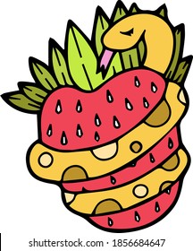 Single element for design, clipart. Cute cartoon snake hugs a strawberry. The 14th of February. Good for postcards, patches, stickers, advertisements. Scandinavian. For children. Bright colors, vector