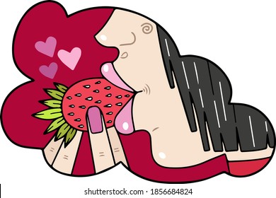 Single element for design, clipart. Cute cartoon woman eating strawberry Good for postcards, patches, stickers, advertisements. Scandinavian. For children. Bright colors, vector, isolated