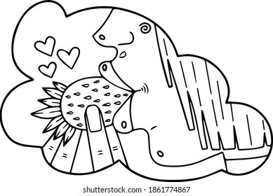 Single element for design, clipart. Cute cartoon woman eating strawberry Good for postcards, patches, stickers, advertisements. Scandinavian. For children. Line, contour, vector, isolated
