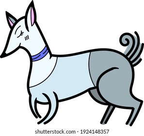 Un solo elemento para el diseño, clipart. Perro gris, cachorro, mascotas. Adecuado para postales, parches, pegatinas, anuncios. Escandinavo. Para los niños. Colores brillantes, vector. Estilo de caricatura. Logotipo.