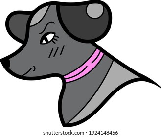 Un solo elemento para el diseño, clipart. Cabeza de perro gris, cachorro, mascotas. Adecuado para postales, parches, pegatinas, anuncios. Escandinavo. Para los niños. Colores brillantes, vector. Estilo de caricatura. Logotipo.