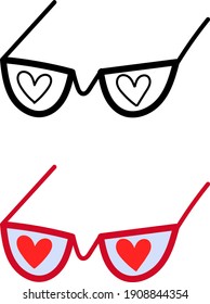 Single element for design, clipart. Red glasses with hearts. Holidays, love, February 14. Suitable for postcards, patches, stickers, advertisements. Scandinavian. For kids. Bright colours. Cartoon.