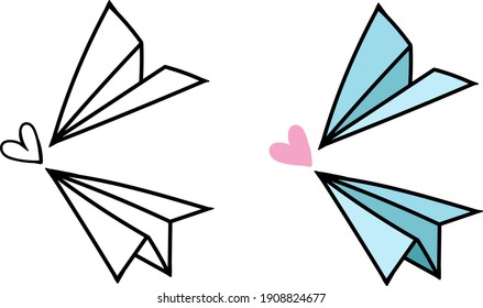 Single element for design, clipart. Two paper airplanes. Holidays, love, February 14. Suitable for postcards, patches, stickers, advertisements. Scandinavian. For kids. Bright colours. Cartoon.
