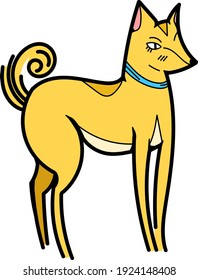 Single element for design, clipart. Yellow dog, puppy, pets. Suitable for postcards, patches, stickers, advertisements. Scandinavian. For kids. Bright colors, vector. Cartoon style. Logo.