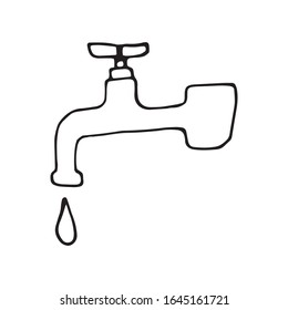 Single element of faucet with water drop in doodle ecology set. Hand drawn vector illustration about environment problems. Sketch elements set for graphic and web design.