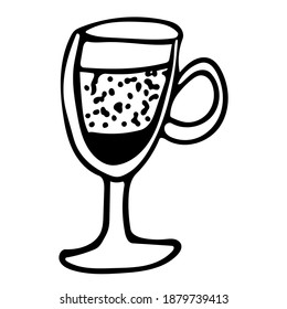 Single element hand drawn cup icon made of clear glass with latte. Vector illustration of doodles for cafes and restaurants, cute postcards and culinary design.
