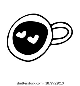 Single element hand-drawn coffee Cup with hearts, top view. Vector Doodle illustration for cafes and restaurants, cute postcards and culinary design.