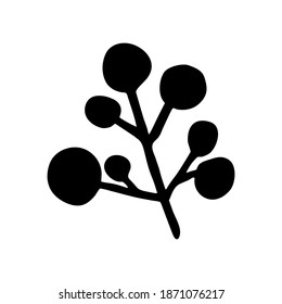 Un solo elemento. Holly. Berries en una rama. Obtenido a mano. Doodle, boceto, icono. Ilustración vectorial para tarjetas de felicitación, impresión, banners y diseños estacionales. Sobre un fondo blanco.