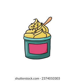 Un solo elemento de helado con cuchara en una taza de papel. Ilustración vectorial dibujada a mano para tarjetas de felicitación, carteles, menú de diseño, pegatinas y diseño estacional.