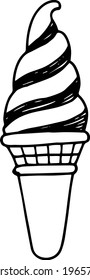 Single element of ice cream in a waffle cone in doodle summer set. Hand drawn vector illustration for greeting cards, posters, stickers and seasonal design.