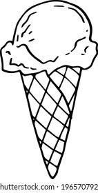 Single element of ice cream in a waffle cone in doodle summer set. Hand drawn vector illustration for greeting cards, posters, stickers and seasonal design.